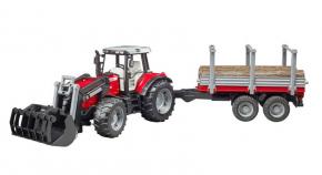 Bruder Massey Ferguson 7480 with frontloader and timber trailer toy. Bruder Massey Ferguson 7480 with frontloader and timber trailer toy.