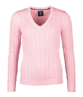 Rydale Emma Ladies V Neck Cable Knit Jumper - Perfect Pink