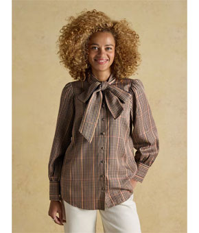 Joules Tabby Tie Neck Long Sleeve Blouse - Brown Check