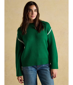 Joules Alexandra Green Blanket Stitch Jumper with Round Neck