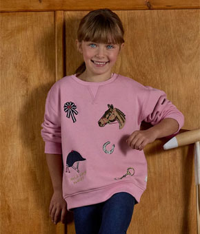 Joules Girls' Mackenzie Pink Horses Embroidered Artwork Sweatshirt With Faux Fur Lining