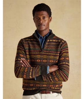 Joules Milligan Wool-Rich Green Quarter Zip Fair Isle Jumper