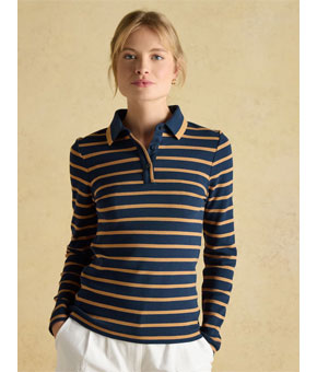 Joules Fairfield Navy Blue & Brown Stripe Ribbed Long Sleeve Polo Shirt
